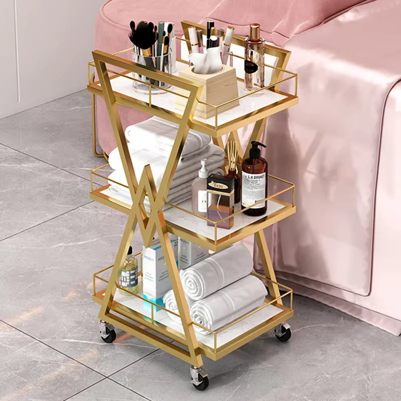 High Quality Luxury Metal Frame Rolling Barber Cart Waterproof Rose Gold Manicure Trolley Salon Furniture Hair Salon Kitchen