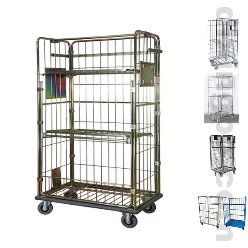 High Quality Warehouse Foldable Transport Industrial Trolley Cart Customized Mobile Steel Wire Roll Pallet Cage Zinc Plated
