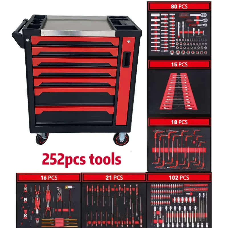 High Quantity OEM 7 Drawer Heavy Duty Steel Powder Coated Storage Garages Tool Cart Workshops Tool Cabinet Trolley 252pcs Tools