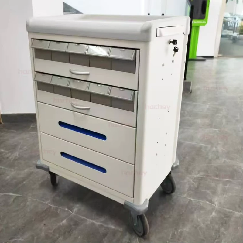 Hochey MEDICAL Hospital ABS Plastic Double Sided Medicine Trolley Medical Dressing Cart with 5 Drawers Castor Price