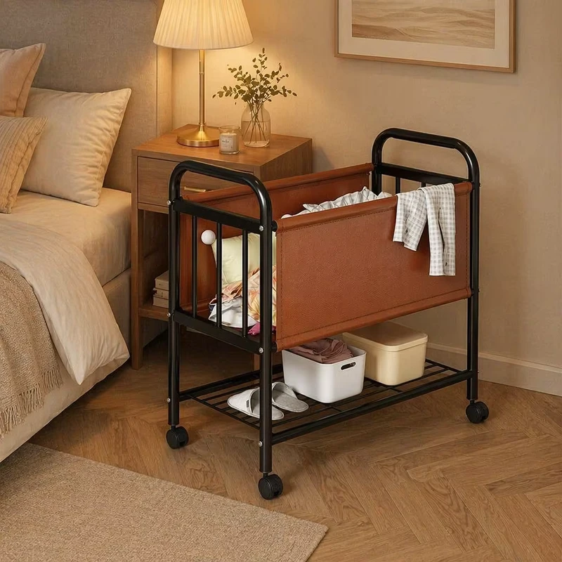 Home Hotel Clothes Storage Laundry Hamper Trolley Metal Frame Rolling Laundry Basket Cart With Removable Wheeled
