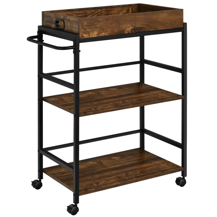 Home Organization Kitchen 3 Tier Standing Type Modern Metal Wood Storage Serving Cart with Non Folding Design