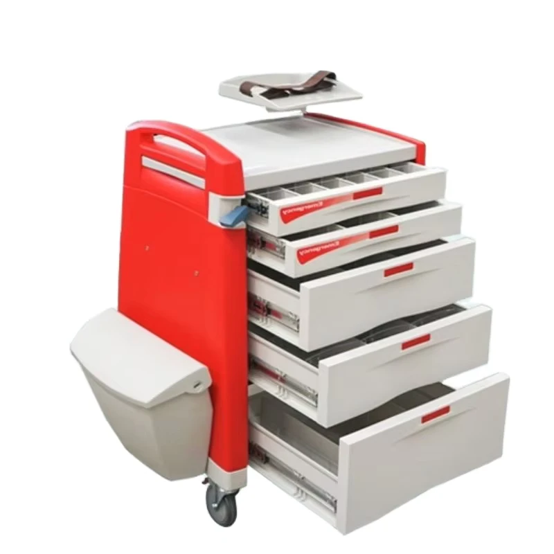 Hospital ABS Emergency Crash Cart with 5 Drawers Medical Rescue Trolley with Silent Casters OEM Factory