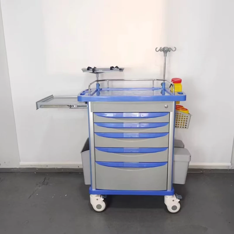 Hospital ABS Emergency Trolley Medical Crash Cart With Drawer IV Pole Defibrillator Shelf for ICU ER Clinic