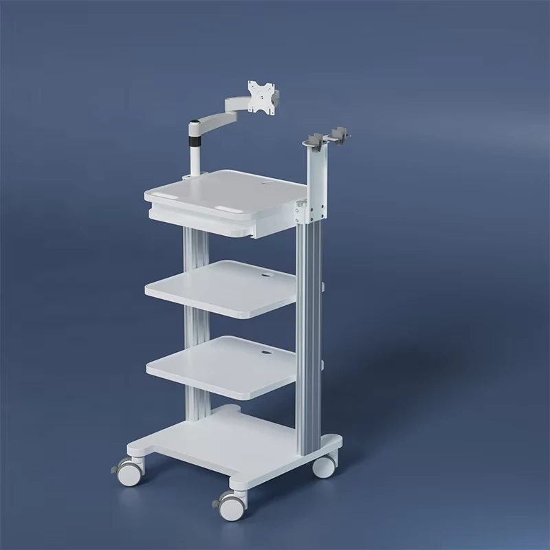 Hospital ABS Plastic Cart Monitor Mount 4-Layers Storage Platform Medical Endoscope Trolley Mobile Workstation