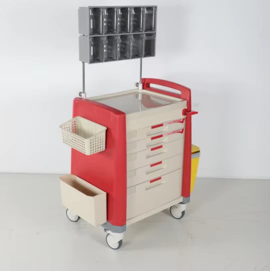 Hospital Abs Anesthesia Cart with Lockable Drawers Side Waste Bin Pull Out Table for Surgical Clinic Icu Nursing U