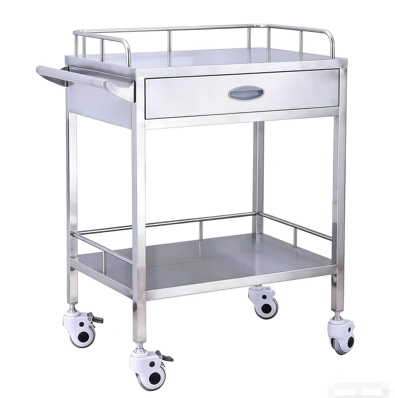 Hospital Clinic Double Layer Instrument Tray Stainless Operating Steel Mayo Trolley with Drawer