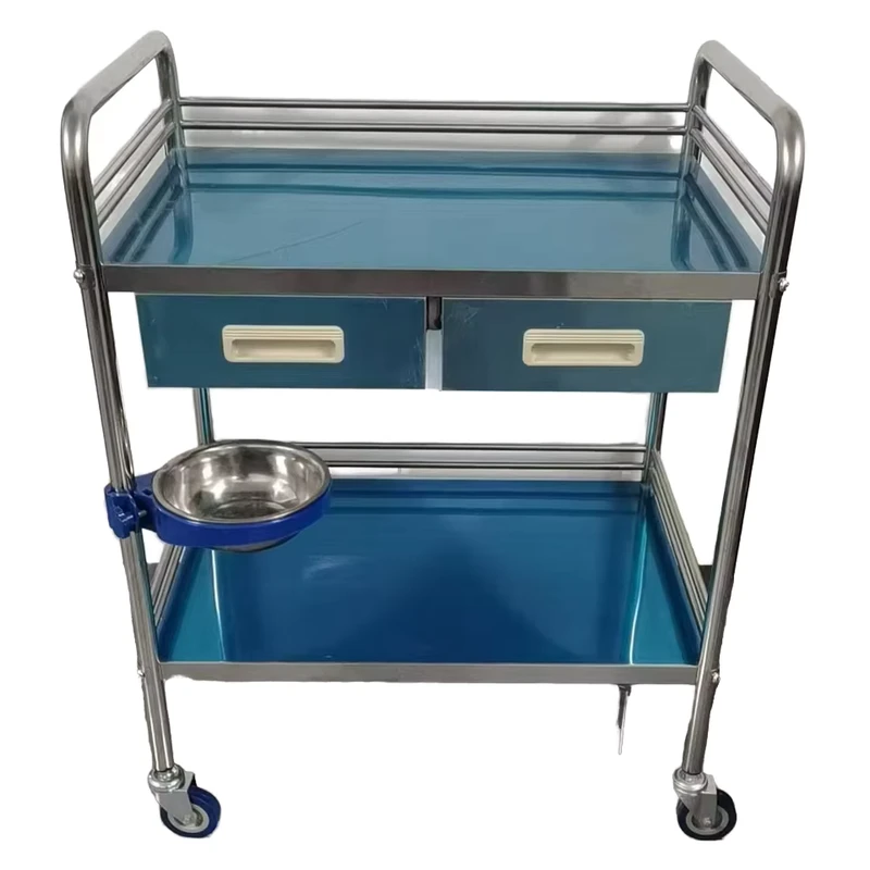 Hospital Durable Stainless Steel Mobile Dressing Cart with Two Drawers and One Bowl Instrument Trolley