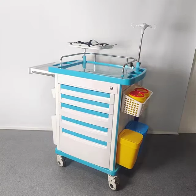 Hospital Emergency ABS Medical Crash Cart Trolley With Oxygen Holder and Central Lock Drawer System