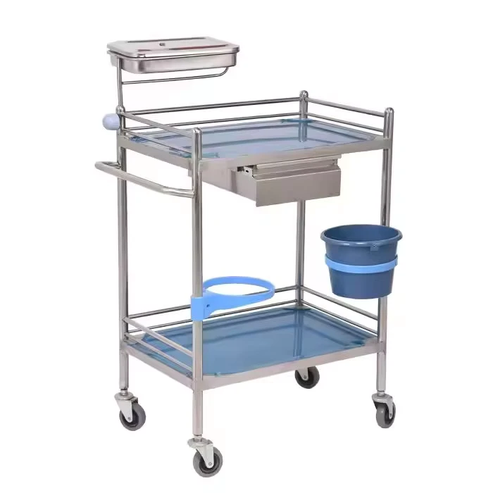 Hospital Equipment Stainless Steel Medicine Delivery Cart Wheels Clinic 2 Tier Medical Trolley IV Pole Included