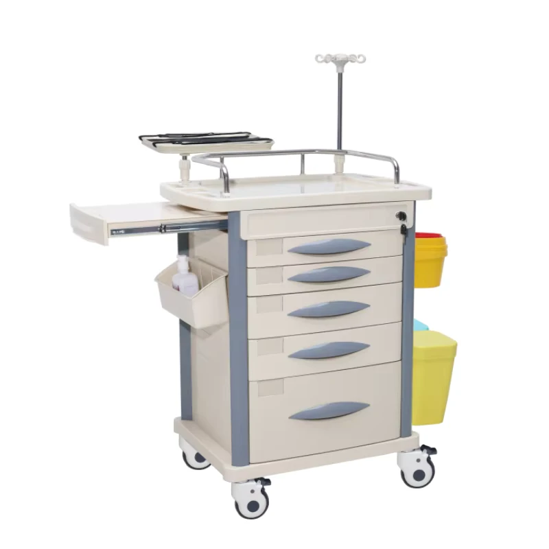 Hospital Furniture ABS Emergency Trolley Medical Mobile Medicine Trolley with Drawers Lock