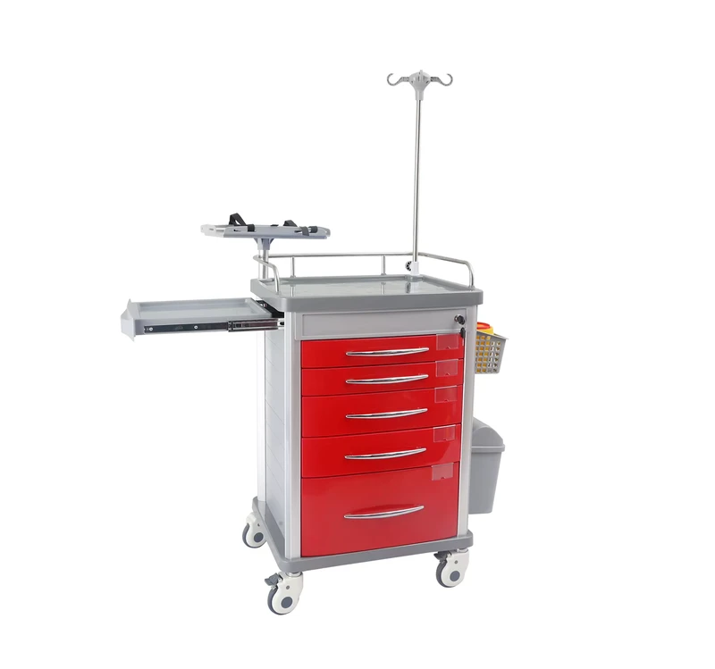 Hospital Furniture ABS Plastic Emergency Trolley with Infusion Stand and Thick Double Dirt Bucket 625*480*940mm