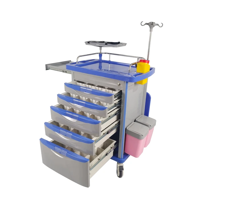 Hospital Furniture Use Strong Plastic Patient Monitor Cart Colored Medical Emergency Care Trolley Drawers 200KGS Load Capacity