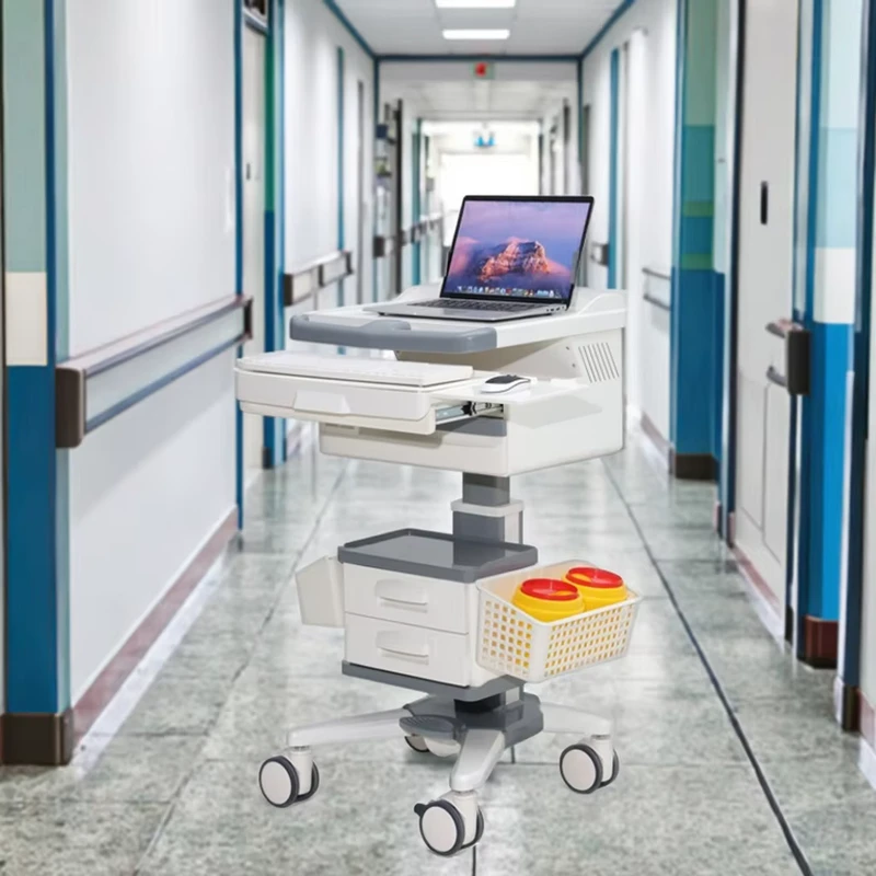 Hospital Hotel Dental Clinic Laptop Trolley Side Storage Compartments Height Adjustable Mobile Doctor Keyboard Station