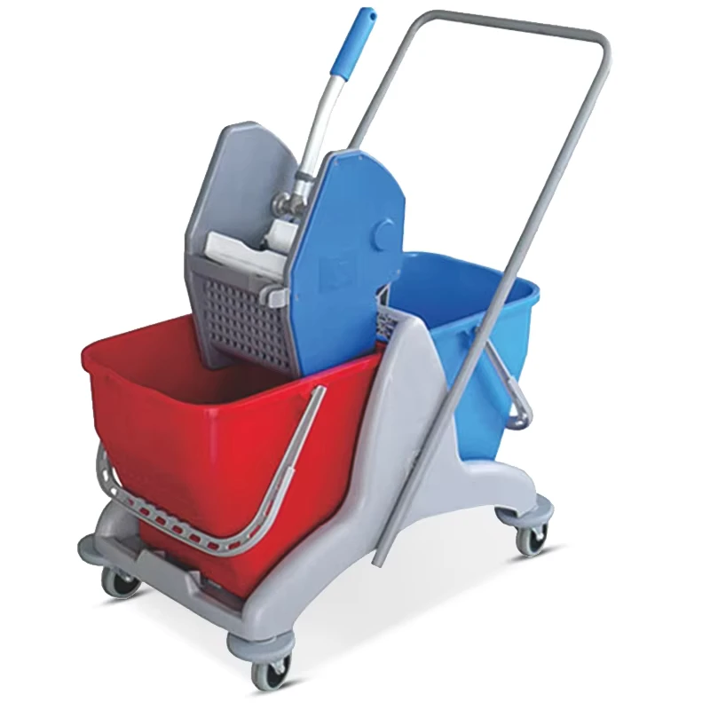 Hospital Hotel Restaurant Down Press Double Bucket Wringer Heavy Duty Plastic Janitor Cleaning Trolley with 4 Casters