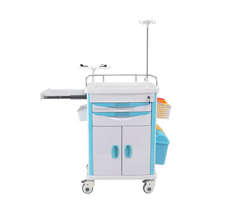Hospital ICU ABS Emergency Crash Cart Medical Trolley With Drawers IV Pole Defibrillator Platform 625*480*940mm