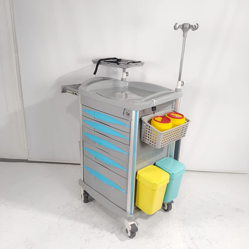 Hospital Medical Emergency Crash Cart ABS Nursing Trolley 5 Drawers IV Pole Defibrillator Shelf ICU