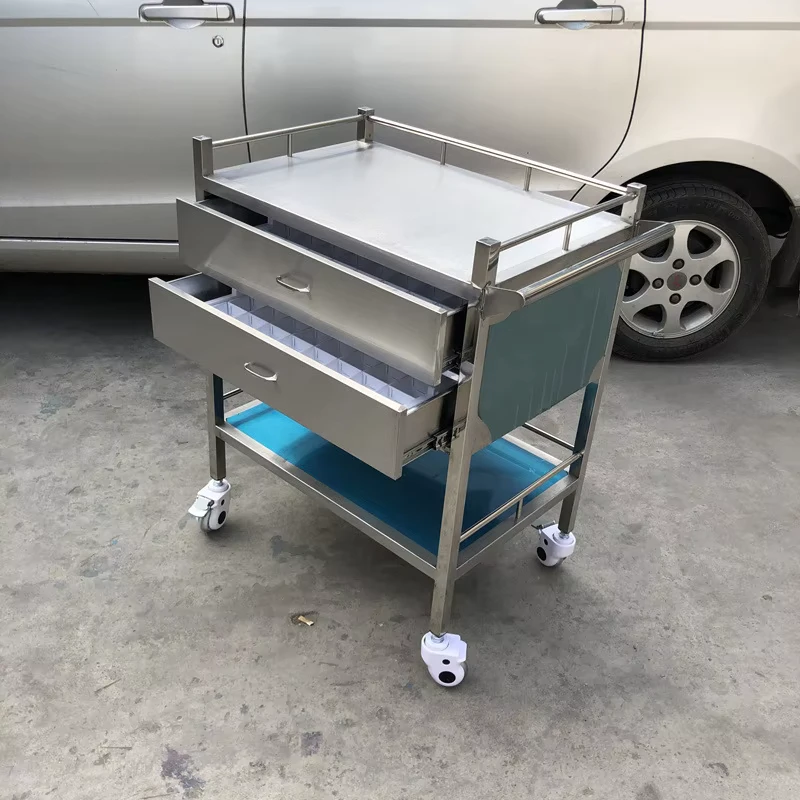 Hospital Stainless Steel Drug Delivery Trolley with 4 Castors and 2 Drawers