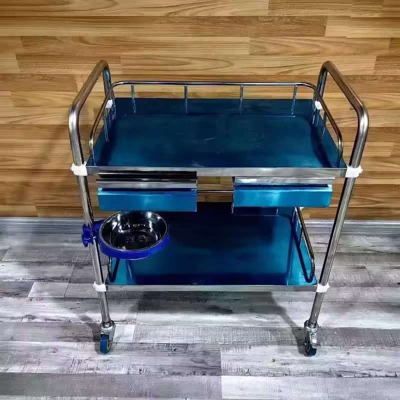 Hospital Trolley with Guardrail Stainless Steel Medical Cart Mobile Utility Table Medical Trolley Hospital Cart Emergency Use