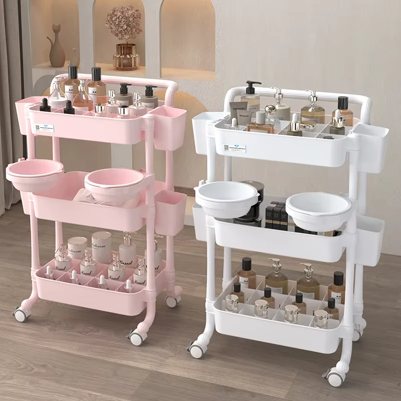 Hot Sale Pink White Korean Style Salon Tools Three Layers Convenience Beauty Spa Hand Cart Beauty Salon Trolley With Wheel
