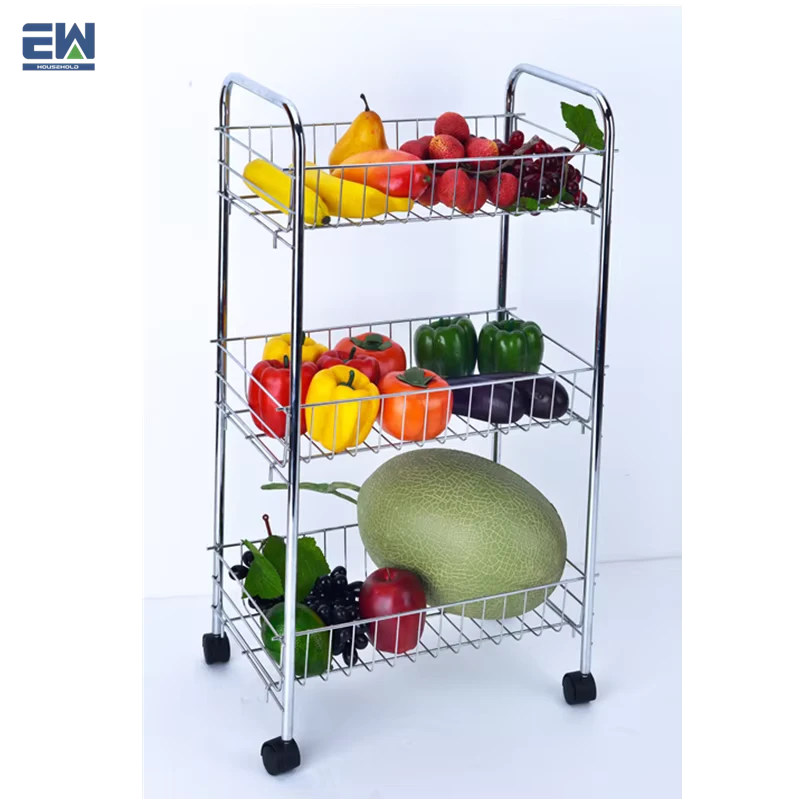 Hot Sales Modern Kitchen Storage Serving Trolley With Wheels Vegetable and Fruits 3 Layers Iron Wire Holding Rack