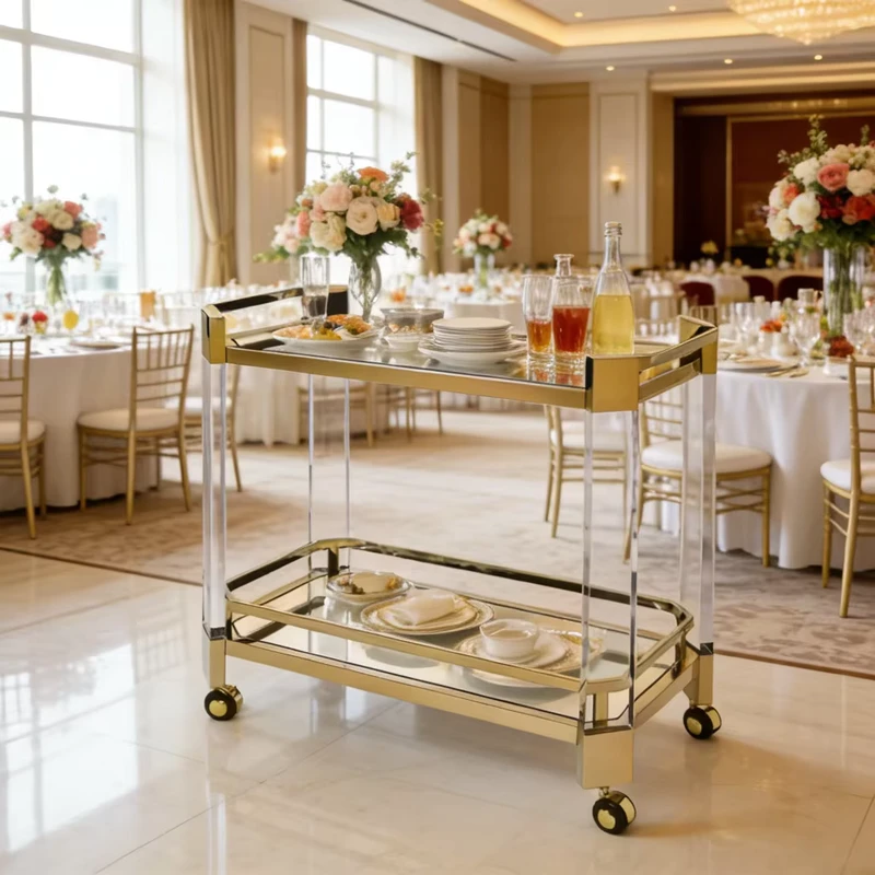 Hotel Banquet Three Layer Metal & Acrylic Buffet Server Durable Commercial Kitchen Cart with 8L Capacity