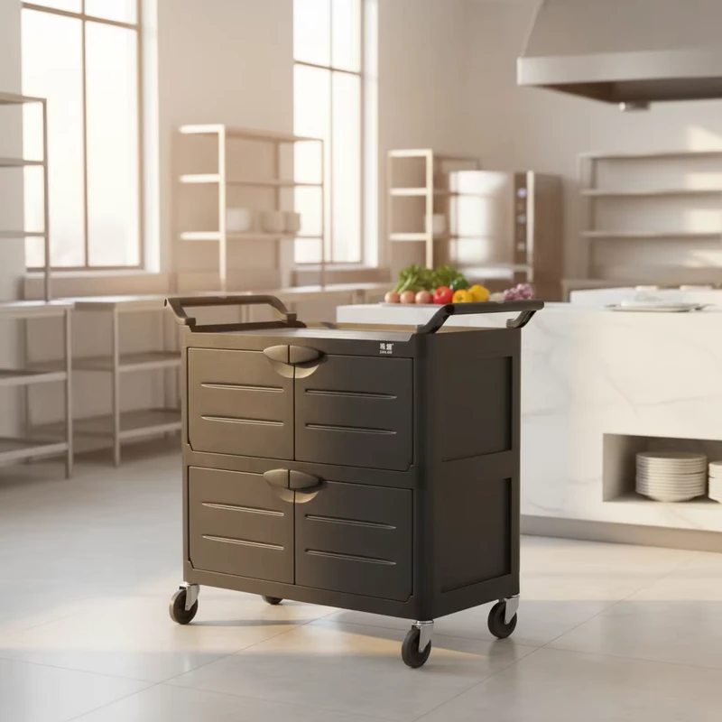 Hotel Cleaning Cart 4 inch Three-Tier Utility Cart Heavy Duty Adjustable Handle PP+Aluminum Wheels 150 lb Capacity Locking
