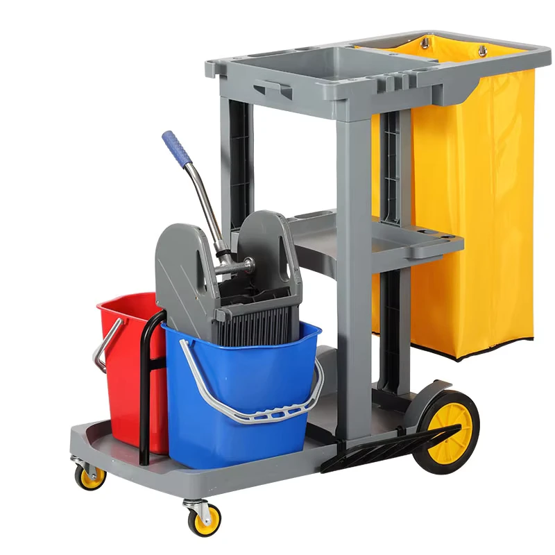 Hotel Cleaning Carts on Wheels Janitorial Cart 3 Shelf Commercial Traditional Housekeeping Cart with Gallon Bag Rubber Gloves