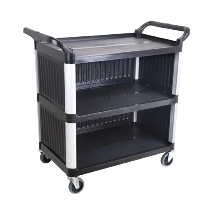 Hotel Kitchen Equipment Service Black Trolley With Door Plastic Dining Utility Cart 3 Layers Dish Collect Cart With Panel
