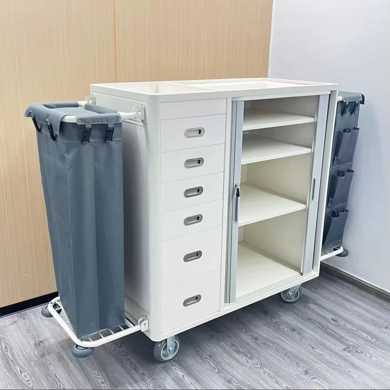 Hotel Linen Cart Stainless Steel Multi-Functional Cleaning Trolley for Guest Room Entrance Sanitation Work Cart