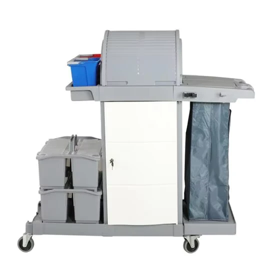 Hotel Maid Restaurant Hospital Multi Purpose Cleaning Trolley White and Gray Plastic Janitor Cart Multi Function Service