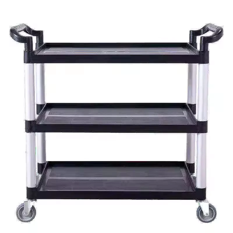 Hotel Meal Delivery 3 Layers Food Trolley with Cutlery Box Canteen Kitchen Four Wheels Gray Black Plastic Service Utility Cart