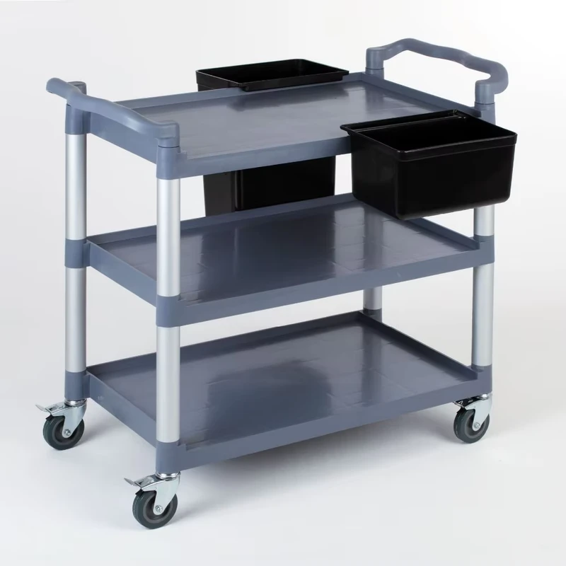 Hotel Outdoor 3 Tier Plastic Service Hand Cart Trolley Plate Trolley With Carbinate Bucket