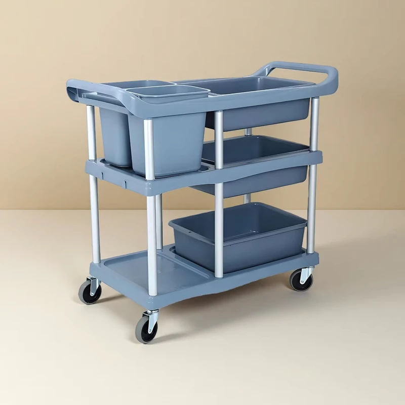 Hotel Restaurant Plastic Handcart Three Layer Bowl Cart Multifunctional Service Trolley with Double Armrest