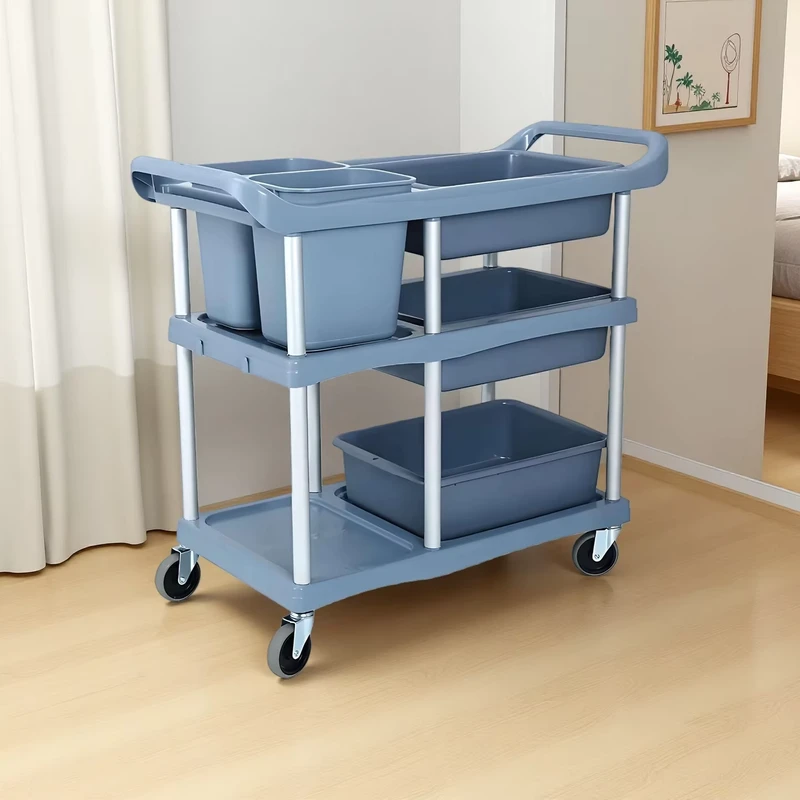 Hotel Restaurant Plastic Service Handcart Three Story Double Armrest Bowl Cart with Trash Can for Food Use