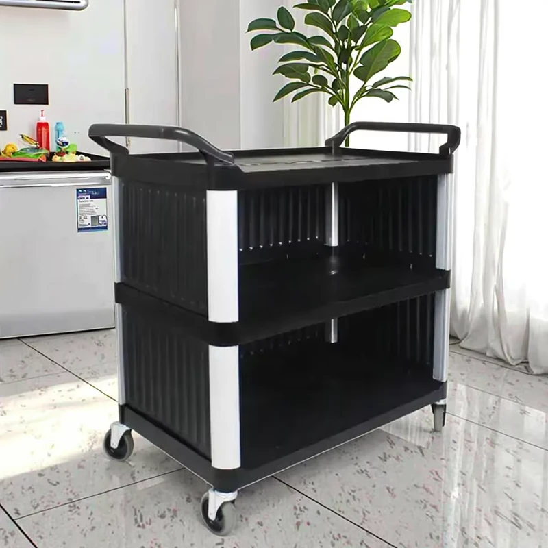 Hotel Restaurant Stainless Steel Plastic Fence Delivery Cart Detachable Multi Purpose Clean Storage 3 Tier Hand Push Cart