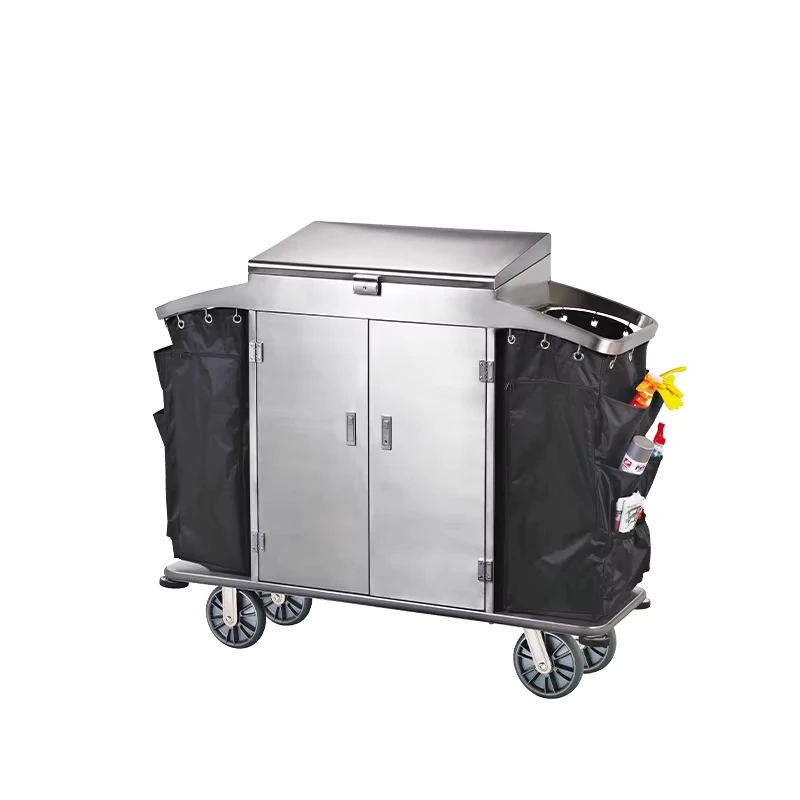 Hotel Room Cleaning Equipment Housekeeping Service Trolley Cart with 2 Bags Silver Coffee Color Stainless Steel 4 Wheel