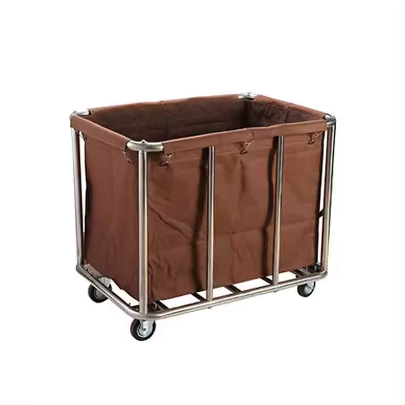 Hotel Room Folding Service Cart Brown Thick Stainless Steel Laundry Linen Cart for Dirty Clothes Collection Cleaning Carts