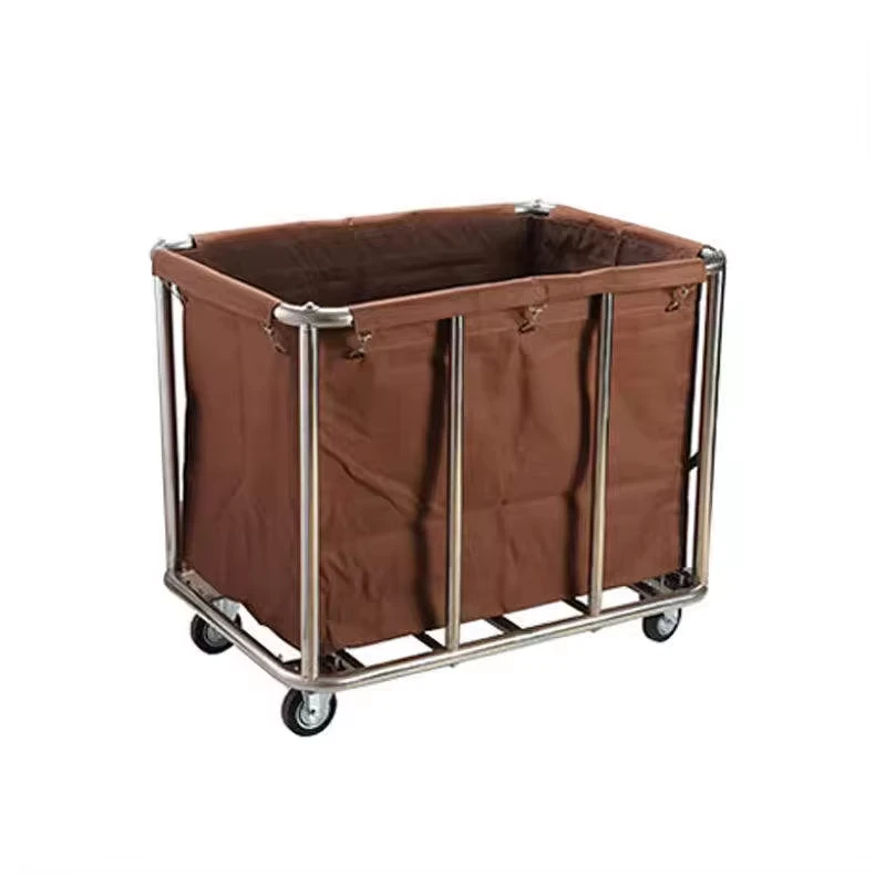 Hotel Room Folding Service Cart Brown Thick Stainless Steel Laundry Linen Cart for Dirty Clothes Collection Cleaning Carts