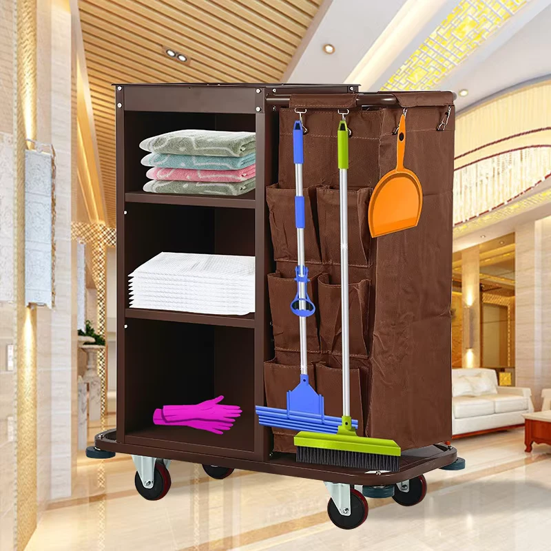 Hotel Room Multi Functional Metal Cleaning Cart with 4 Wheel 200 lb Capacity Adjustable Handle for Guest Room Service