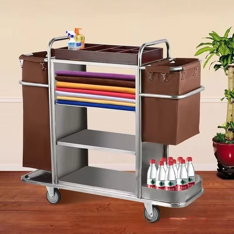 Hotel Room Multi Functional Stainless Steel Sanitation Service Cart Hand Pushed Linen Bag and Bucket Cleaning Work Cart