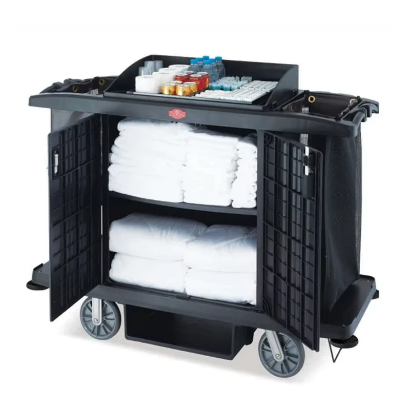 Hotel Room Multifunctional Plastic Healthcare Cleaning Carts Rubbermaid Black Maid Service Janitor Trolley with Equipment