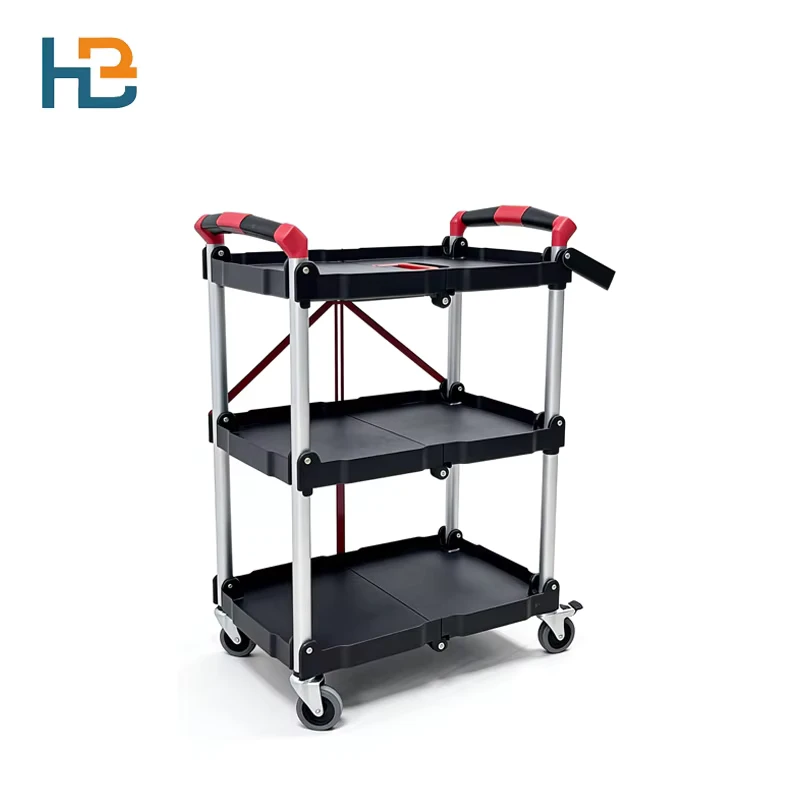 Hotel Service Cart with Wheels 3 Layer Foldable Plastic Aluminum Black Utility Cart