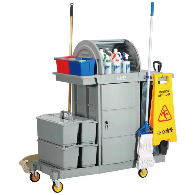 Hotel and Restaurant Janitor Cleaning Cart Plastic Trolley for Effective Cleaning