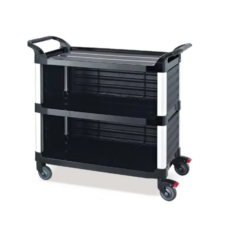 Hotels Restaurants Three-Deck Aluminum Uprights Plastic Utility Service Cart for Cleaning Needs