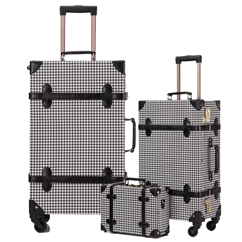Houndstooth Rigrid PU Luggage Set 12 20 26 Inches 3 Pcs Set Vintage Unisex Leather Trolley Luggage Set Ready to Ship