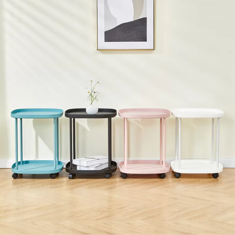 Household 2 Tier Plastic Movable Rolling Cart Snack Magazine Storage Rack Modern Bathroom Kitchen Storage Trolley with Wheels