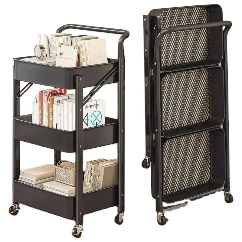 Household Carbon Steel Folding Cart Kitchen Storage Cart Floor 3 Layer Snack Storage Rack Trolley Cart