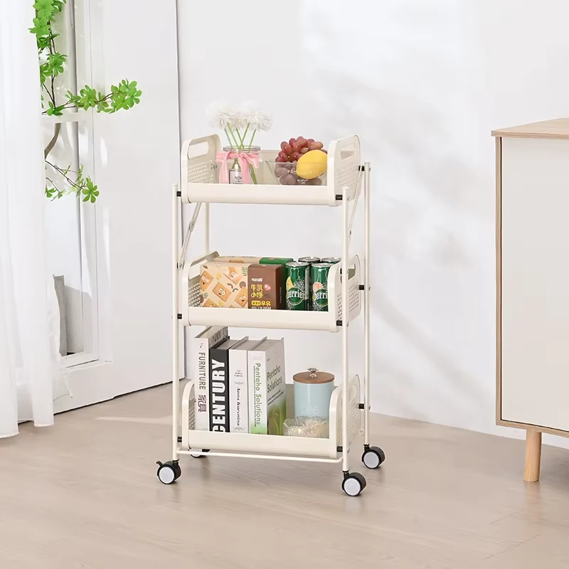 Household Foldable Storage Rack 3 Tier Folding Utility Storage Vegetable Trolley Cart Storage Trolley for Kitchen Bathroom