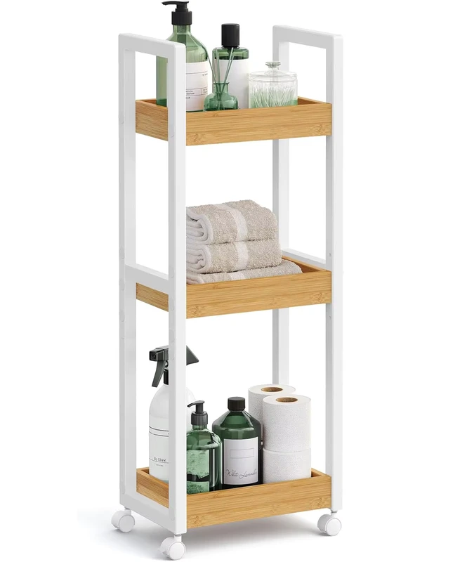 Household Furniture Bamboo Rolling Cart 3 Tier Utility Trolley on Wheels Narrow Storage Shelf Space Saving for Bathroom Kitchen